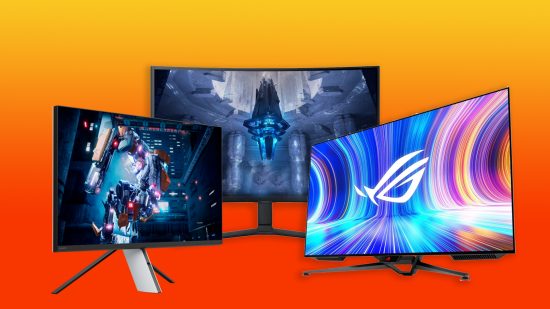 Best 4K gaming monitors - three monitors from Asus, Samsung and Sony on an orange background