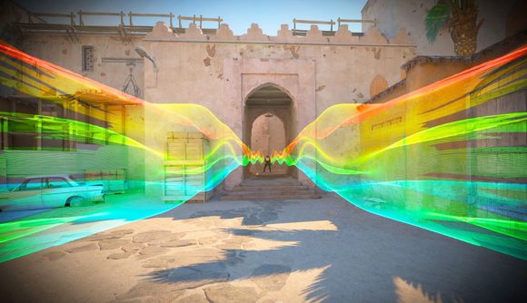 Counter-Strike 2 maps: Dust 2 at B Long with rainbow stripes coming out of the tunnel
