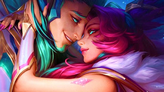 League of Legends Blue Essence Emporium - a green-haired man and a pink-haired lady touch heads together in a gentle embrace.