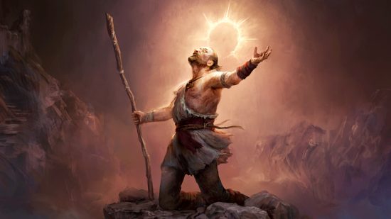 Path of Exile 2 problems - A Templar on his knees atop a rock, arms oustretched to either side, a glowing sigil behind his head.