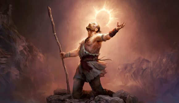 Path of Exile 2 problems - A Templar on his knees atop a rock, arms oustretched to either side, a glowing sigil behind his head.