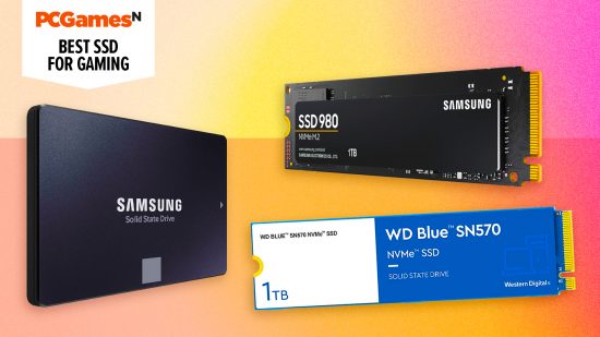 The best SSD for gaming - three SSDs on a colorful gradient background